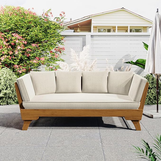 Christopher Knight Home Gary Patio Convertible Couch, Wooden Outdoor Daybed, 3-Seater Acacia Wood Patio Furniture Lounge Sofa for Backyard/Poolside/Garden, Back Pillow+Removable Cushion, Teak+ Beige