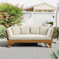 Christopher Knight Home Gary Patio Convertible Couch, Wooden Outdoor Daybed, 3-Seater Acacia Wood Patio Furniture Lounge Sofa for Backyard/Poolside/Garden, Back Pillow+Removable Cushion, Teak+ Beige
