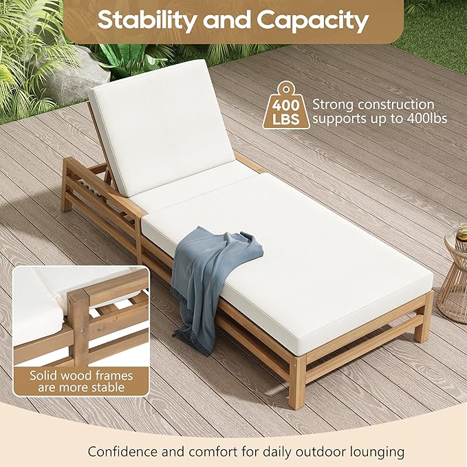 LUMISOL Outdoor Chaise Lounge Chairs Set of 2, Solid Wood Patio 5-Position Adjustable Recliner Chair with Thick Cushions, Weather-Resistant for Pool, Balcony, Garden, Light Teak