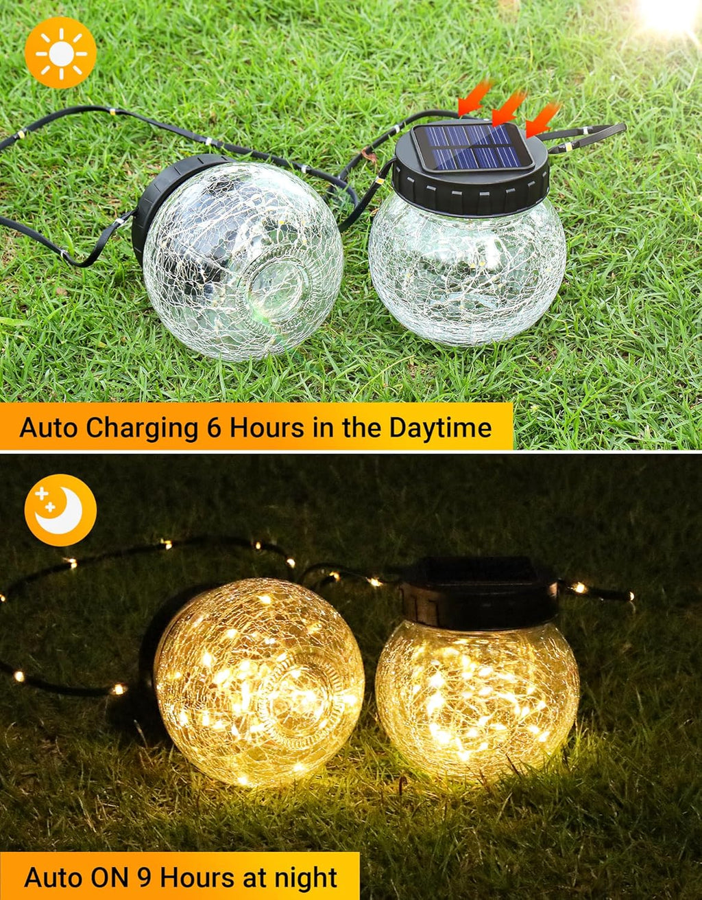 Solar Lights Outdoor Waterproof 24-Pack, Solar Powered Hanging Lantern Cracked Glass Hanging Globes for Yard Decor Christmas Decoration, Shepherd Hook, Garden Tree Table Ornaments, Warm