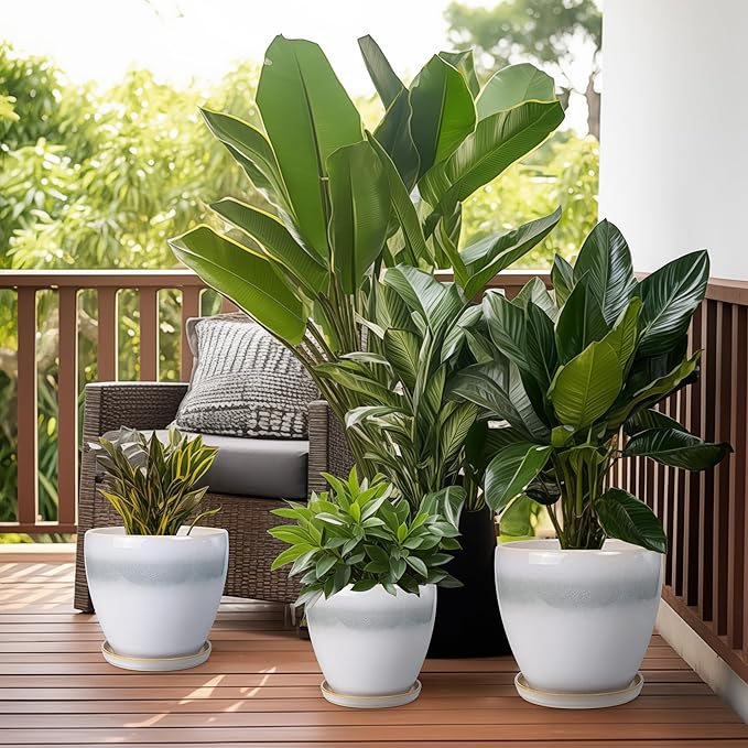 Ceramic Pots for Plants - 8 Inch Planter with Drainage Hole and Saucer, Round Flower Pot for Indoor Outdoor Plants, Decorative Planter, House Patio Decor, Housewarming Gifts, White-Grey