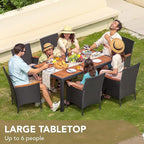 Devoko Dining 7 PCS Furniture, Patio Conversation Set with Acacia Wood Table Top, Outdoor, Beige Cushion and Black Rattan