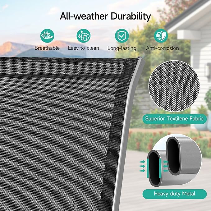 Patio Chairs Set of 4, Easily Set Up Stackable Outdoor Dining Chairs with High Back and Wide Seat, All Weather Breathable Outdoor Chairs Set of 4 with Metal Frame for Backyard Deck Pool, Black