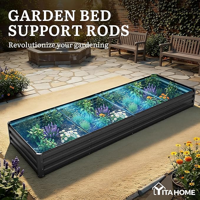 YITAHOME 12x4x1ft Large Raised Garden Bed Kit, Galvanized Metal Planter Box with Gloves, Ground Nails, Support Rod, Outdoor Above Ground Planters for Plants Vegetables Flowers, Black