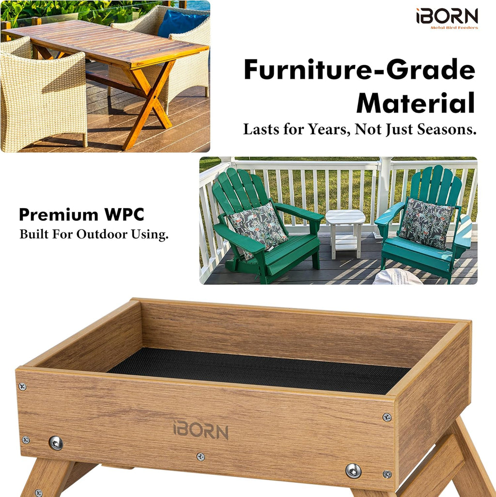 iBorn Ground Bird Feeder, Bird & Squirrel Platform Feeder for Outdoors, WPC Recycled Plastic, 3LB Large Capacity, Raw