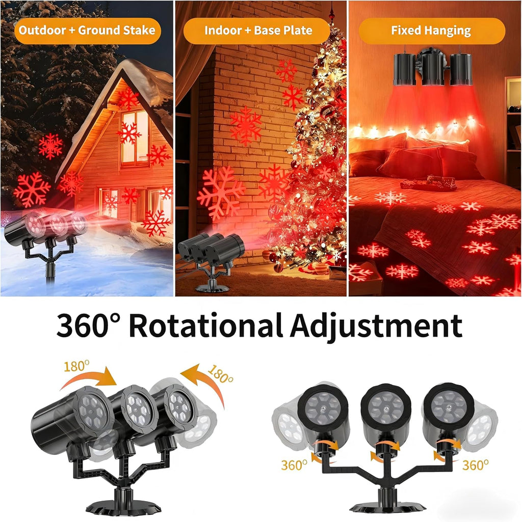 Three Head Christmas Snowflake Projector Lights, Vermilion, A | IP65 Waterproof, 360° Rotatable, 9 Snowflake Patterns, LED Projection for Indoor Outdoor Xmas Decor
