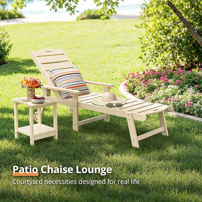 LUE BONA Outdoor Chaise Lounge, HDPS Chaise Lounger, 5 Positions Adjustable Lounge Chairs, Pool Lounge Chair with Wheels for Poolside, Backyard, Sand