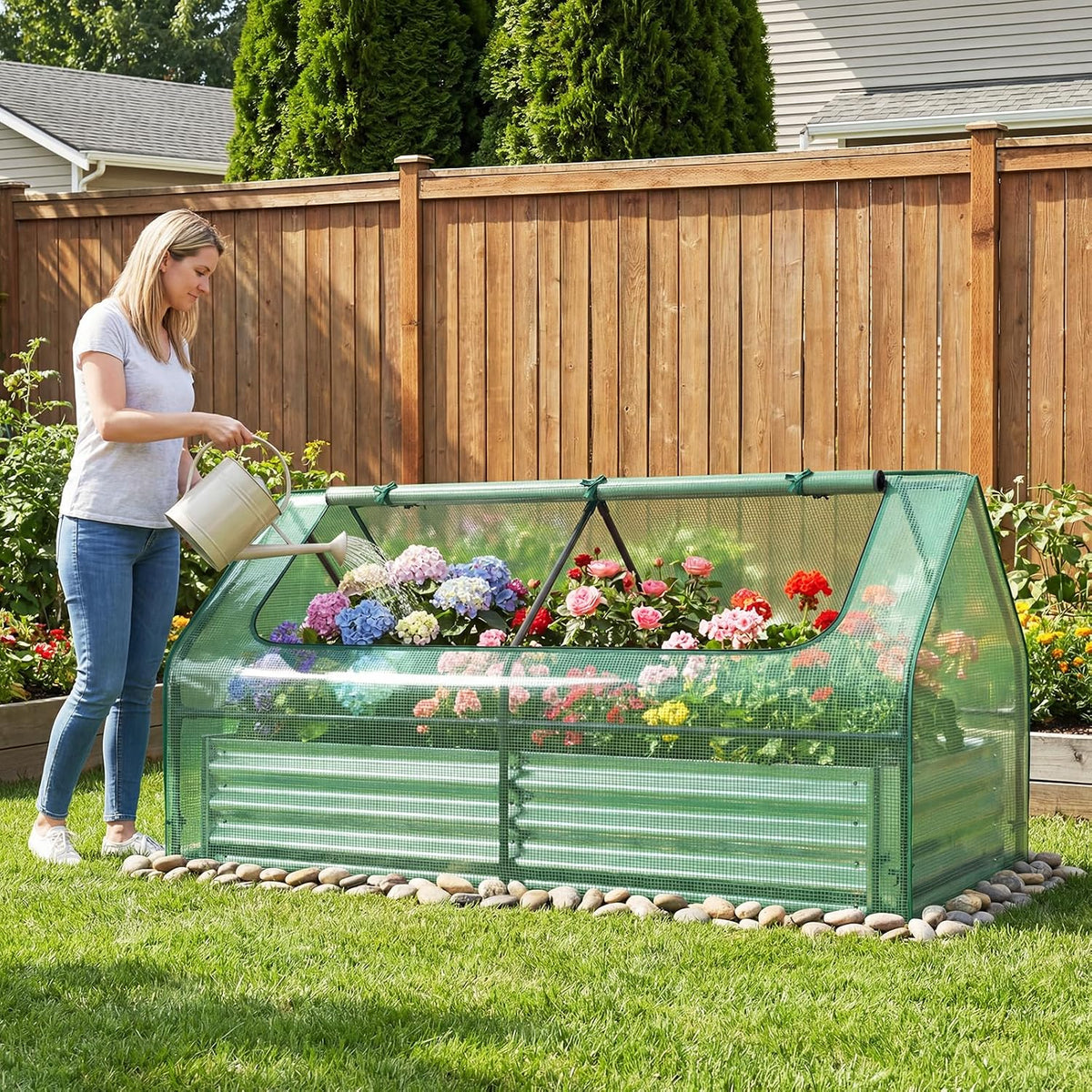 happygrill raised garden bed with cover, 2 large shown in use
