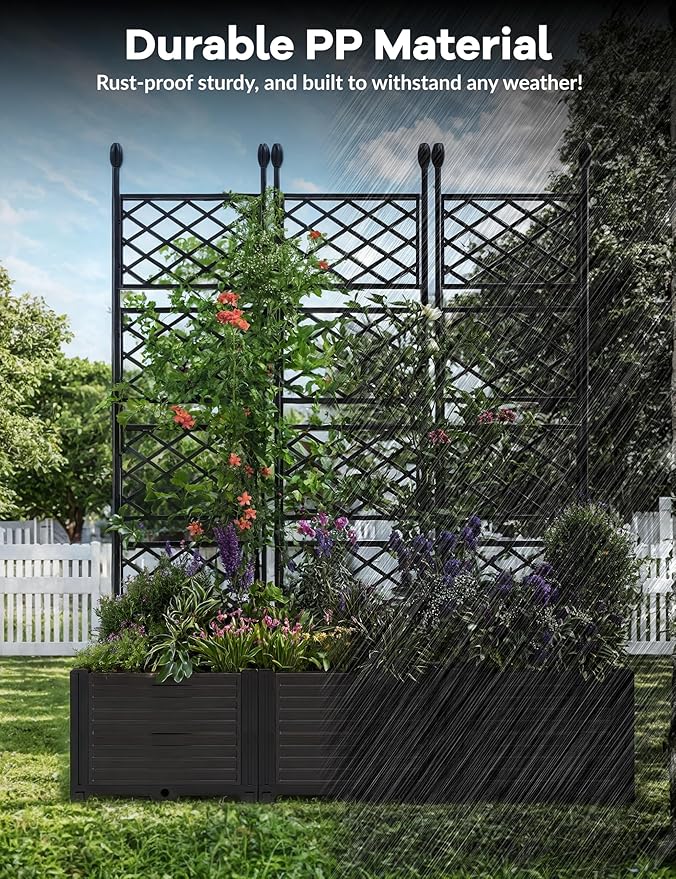3 PCS Raised Garden Bed with Trellis,63" h Vertical Planter Box with Drainage Holes for Climbing Plants, Patio Privacy Screen & Balcony Garden