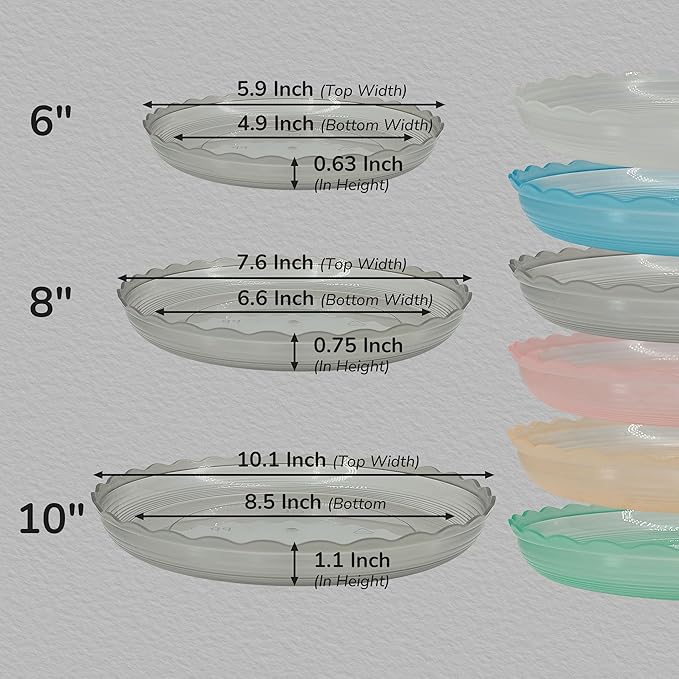 12Pcs Clear Plant Saucer, 6 8 10 Inch Durable Plastic Plant Tray, Round Plant Pot Saucers, Drip Tray for Indoor and Outdoor Garden, Amber Brown