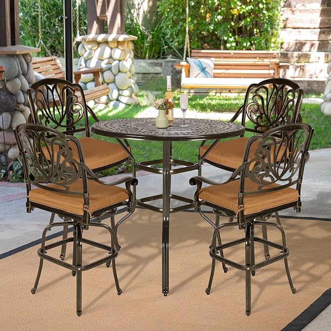 VIVIJASON 5-Piece Patio Swivel Bar Stools Set, All Weather Cast Aluminum Outdoor Bar Height Bistro Set with 4 Cushioned Bar Chairs & 38.5" High Bar Table w/Umbrella Hole for Backyard, Lawn, Garden