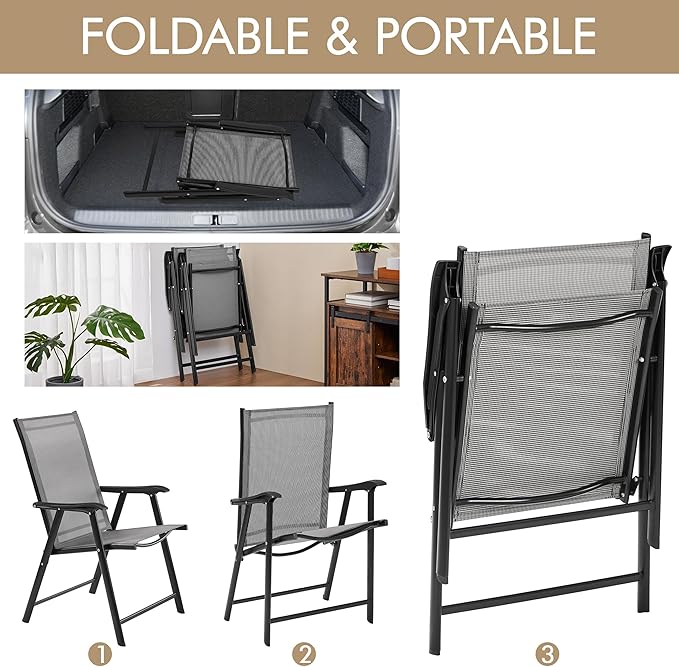 Yaheetech Patio Dining Chairs Set of 2 with Armrests, Outdoor Folding Chairs with Metal Frame and Backrest for Lawn, Garden, Yard and Poolside, Gray
