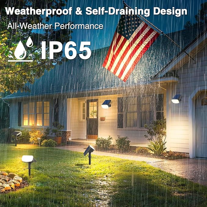 Solar Lights Outdoor Waterproof IP65, Super Bright LED with Lens, 3000K 2 Lighting Modes, Solar Powered Yard Garden Solar Spot Lights for Outside Landscape Auto On/Off -4 Pack