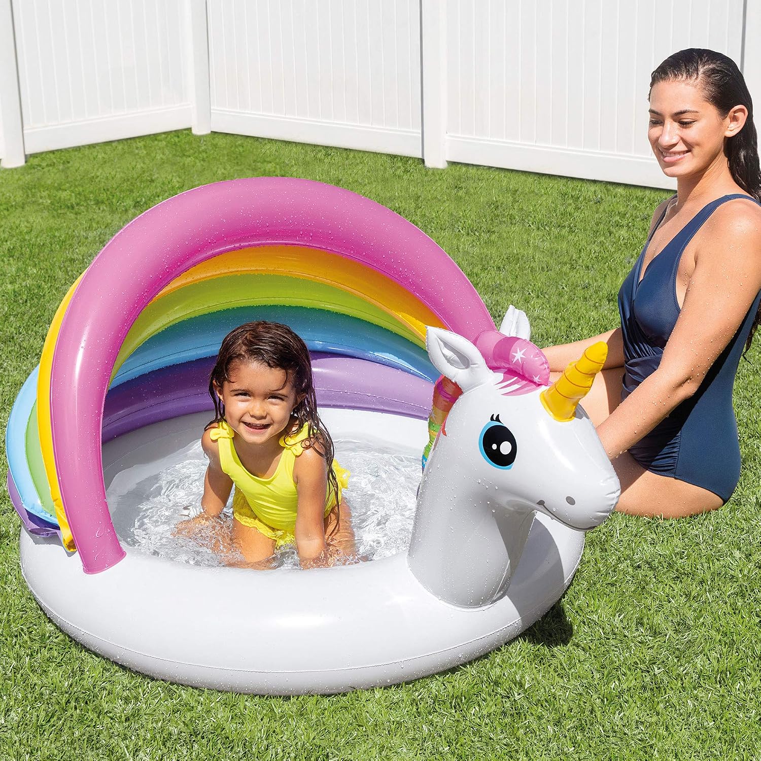 Intex 57113EP 50 Inch Unicorn Design Outdoor 1 to 3 Years Old Baby Swimming Pool with Soft Floor Bottom and Built In Sunshade, Multicolor