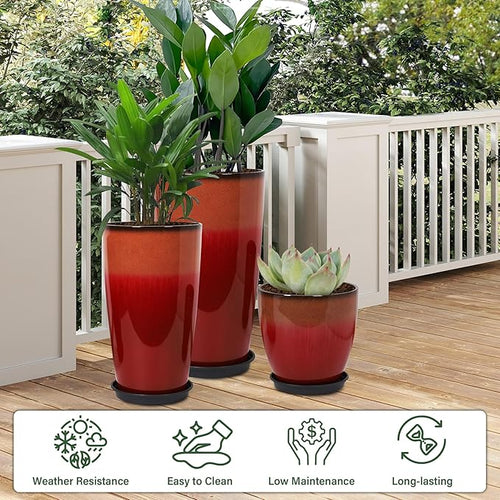 24/21/12 Inch Large Plastic Planter, Lightweight Ceramic-Look Tall Planters with Drain Hole & Saucers, Tall Plastic Planters for Porch, Garden, Patio, Balcony(Fiery Red)
