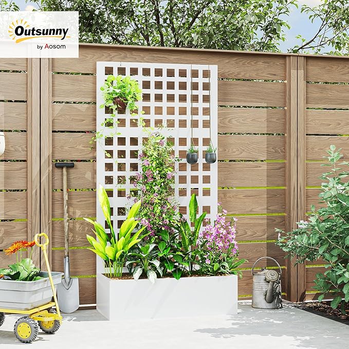 Outsunny Galvanized Raised Garden Bed with Trellis, Metal Planter Box with Drainage Holes, Outdoor Privacy Screen for Climbing Plants, Vegetable, Vines, 35" x 16" x 70", White