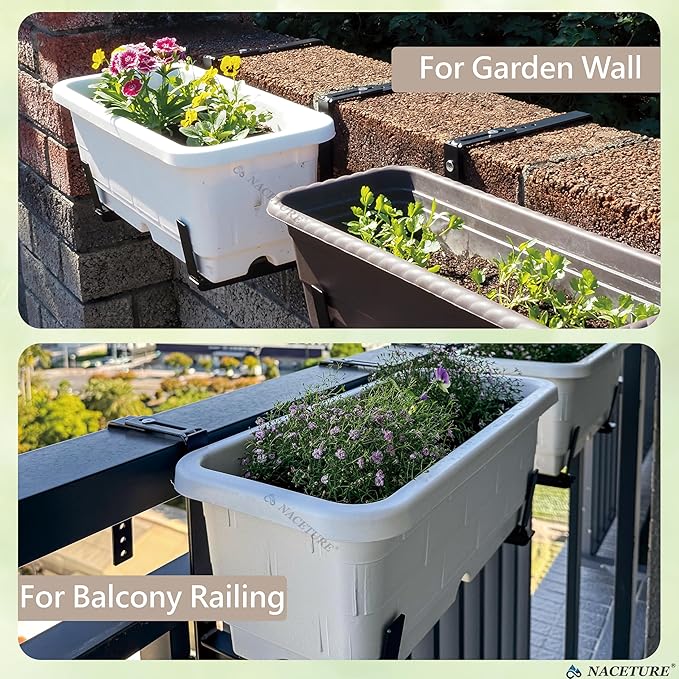 Window Box Brackets for Railing- 2 Pcs Adjustable Planter - Sturdy, Stable Flower Box Brackets for Railings, Balconies and Fences- Upright Railing Plant Holder (Black 2 Pack)