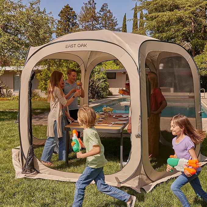 East Oak Screen House Tent Pop-Up, Portable Screen Room Canopy Instant Screen Tent 12 x 12 FT with Carry Bag for Patio, Backyard, Deck & Outdoor Activities, Brown