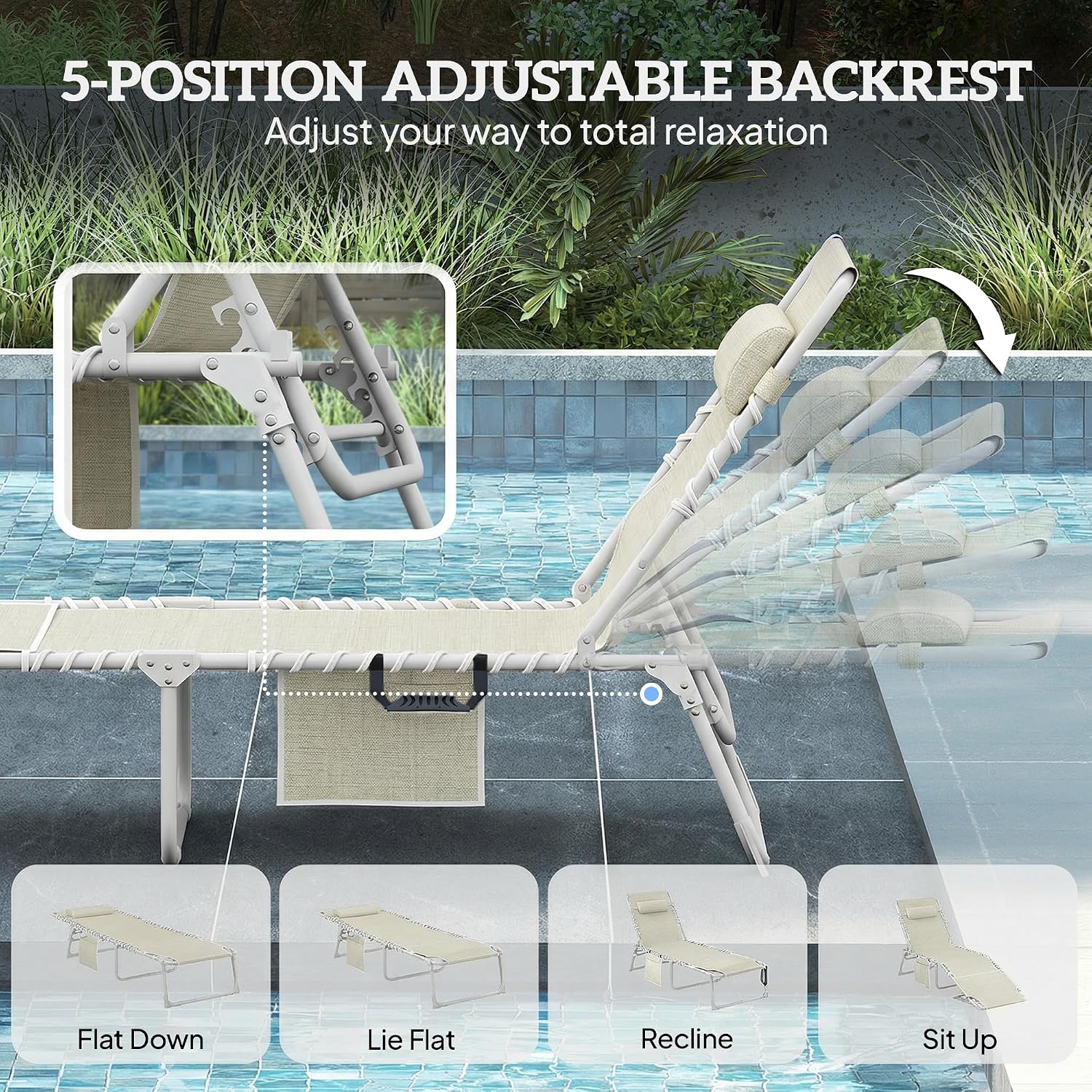 Outsunny Tanning Chair with Face Hole Breathable Mesh Beige | Side Table, Folding, 5-Position Reclining, Chaise Lounge Chair, Outdoor Lounger Recliner, Carry Straps, Beach Pool Camp