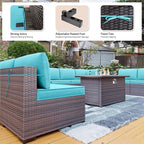 Kullavik 15PCS Outdoor Patio Furniture Set with 43" 55000BTU Gas Propane Fire Pit Table PE Wicker Rattan Sectional Sofa Patio Conversation Sets w/8 Coner Sofas,Blue