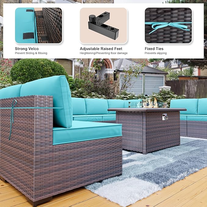 Kullavik 15PCS Outdoor Patio Furniture Set with 43" 55000BTU Gas Propane Fire Pit Table PE Wicker Rattan Sectional Sofa Patio Conversation Sets w/8 Coner Sofas,Blue