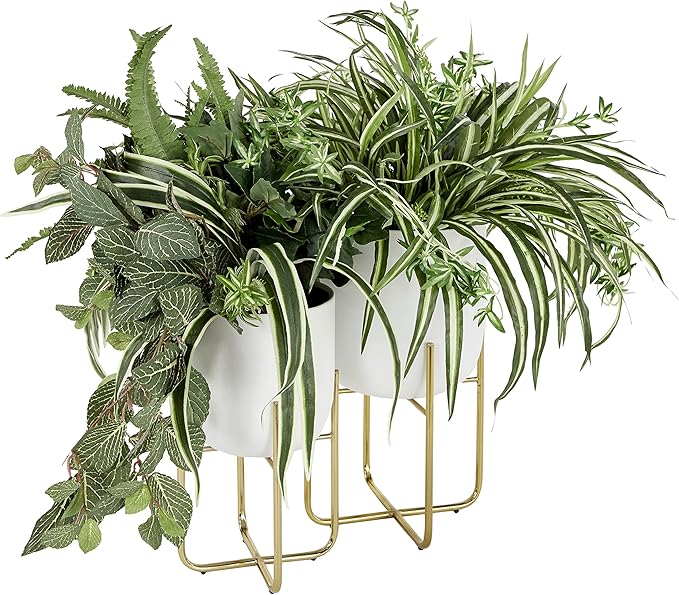 Deco 79 Metal Indoor Outdoor Planter Large Planter Pot with Removable Gold Stand, Set of 2 Planters 16", 13"H, White
