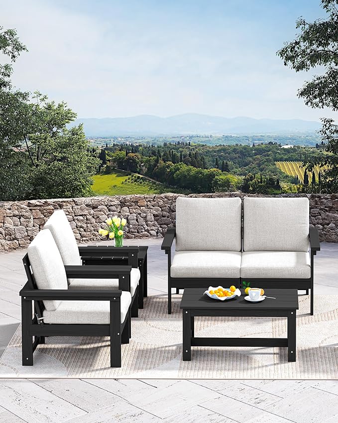SERWALL HDPE Patio Coffee Table for Balcony, Deck, Black