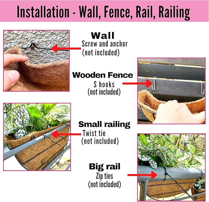 LaLaGreen Outdoor Wall Planters, 4 Pack, 14 Inch Large Balcony Planter Railings Hanging, Rail Flower Basket with Coco Liner English Horse Trough Black Metal Wire Succulent Pot Holder Deck Porch Garden
