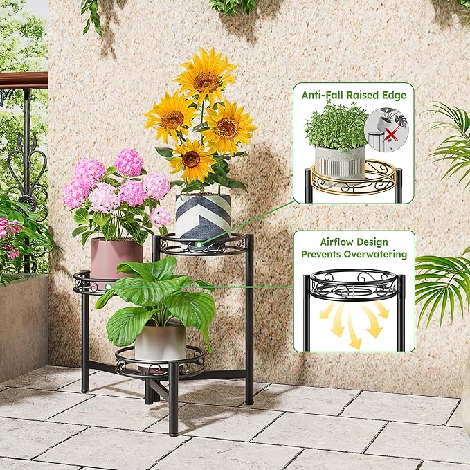 Metal Plant Stand Indoor Outdoor, 3 Tier Corner Tall Plant Shelf for Multiple Plants, Tiered Plant Stand, Heavy Duty Flower Plant Holder, Folding Tall Rack for Garden Patio Lawn Balcony - BlackWave