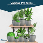 Gray Plant Pots with Drainage Holes & Saucers 3 Pack, Indoor & Outdoor Stackable Space-Saving Planters for Houseplants & Flowers, (7", 6.7", and 6" Inches), Durable & Weatherproof Materials