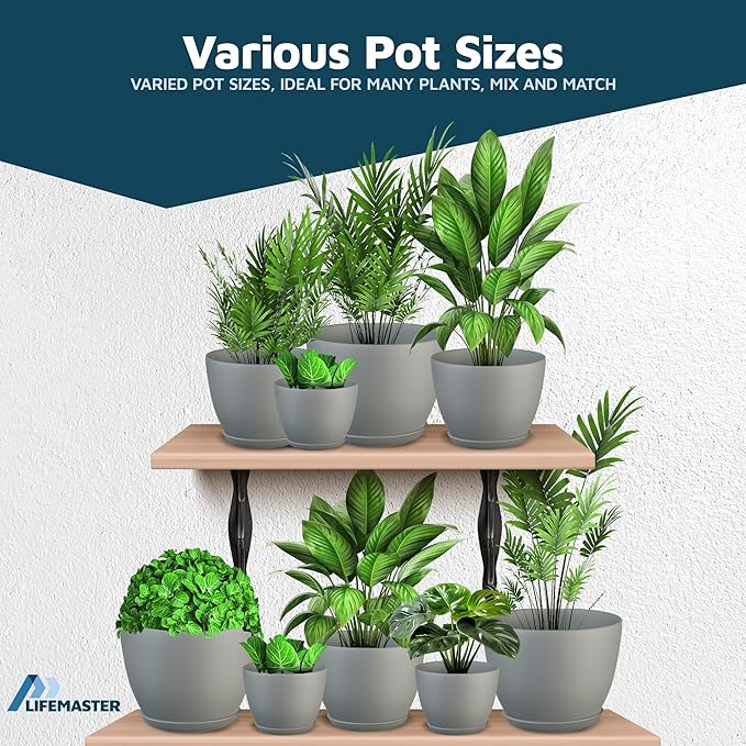 Gray Plant Pots with Drainage Holes & Saucers 3 Pack, Indoor & Outdoor Stackable Space-Saving Planters for Houseplants & Flowers, (7", 6.7", and 6" Inches), Durable & Weatherproof Materials