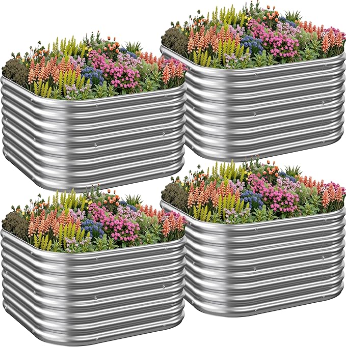 4 Pack 3x3FT Raised Beds for Gardening, Corrugated Galvanized Steel Raised Garden Bed, Outdoor Metal Above Ground Garden Bed for Vegetables and Flowers-3x3FTx10Inch