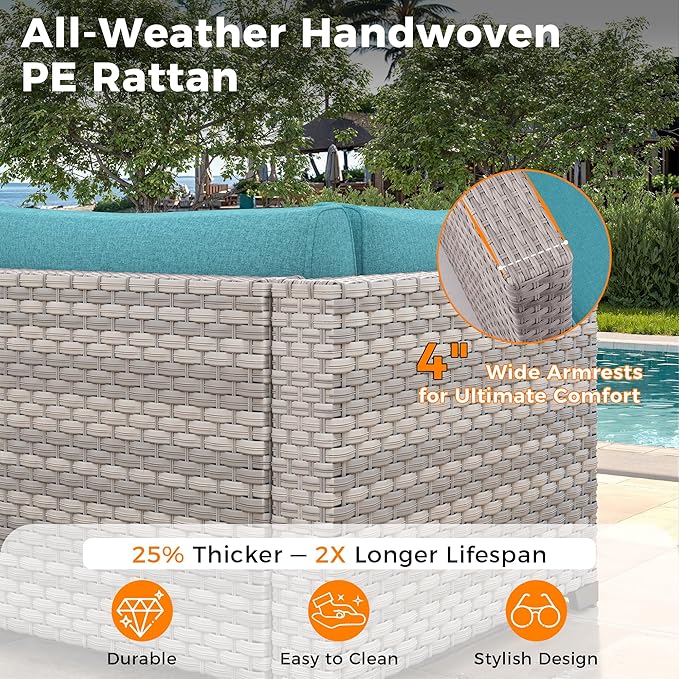 8-Seat Outdoor Wicker Patio Furniture Set with Fire Pit Table, Modular Rattan Sectional Sofa & 2 Swivel Rocking Chairs, 4" Thick Cushions, Rust-Resistant Frame,Blue