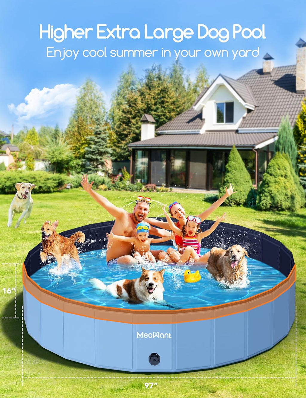 Meowant Extra Large Dog Pool Foldable 97'', Hard Plastic Kiddie Pool | Dog Swimming Pool Collapsible Dog Pet Bath Pool, Portable Deep Dog Pools for Large Dogs (5XL-97'' × 16'')