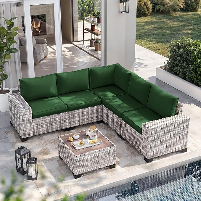 12-Piece Outdoor Patio Furniture Set Wicker Sectional Sofa Set, Patio Conversation Set with Thickened Cushions & Coffee Table for Garden, Backyard, Poolside, Green