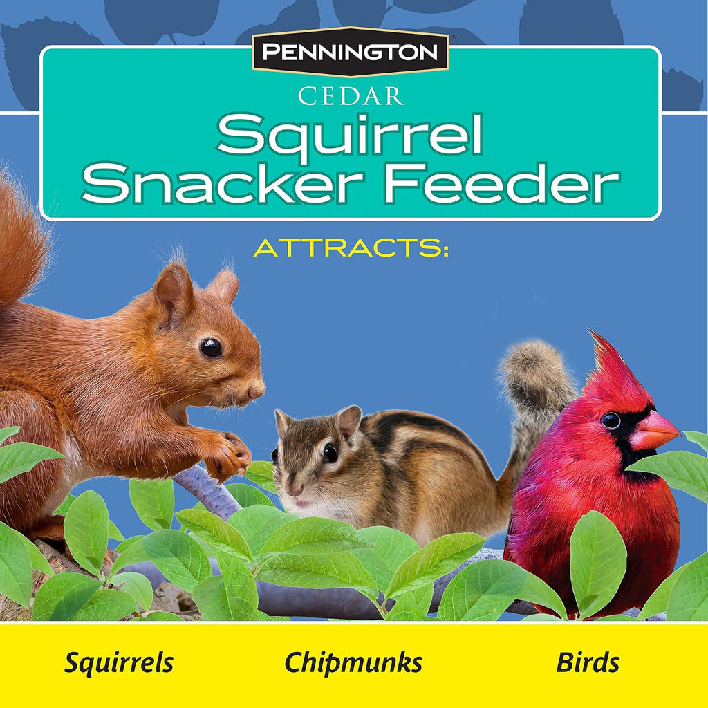 Pennington Cedar Squirrel Snacker Feeder, Squirrel Feeder, 2.75 LB | Hanging squirrel feeder, bird and squirrel feeder, eastern red cedar; mounts to tree, post or fence, keeps food dry