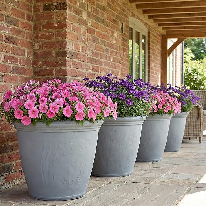 Sunnydaze 24-Inch Anjelica Large Plastic Pot for Plants - Outdoor Double-Walled Large Plastic Planter with Drillable Drainage Holes - Light Gray - 4pk