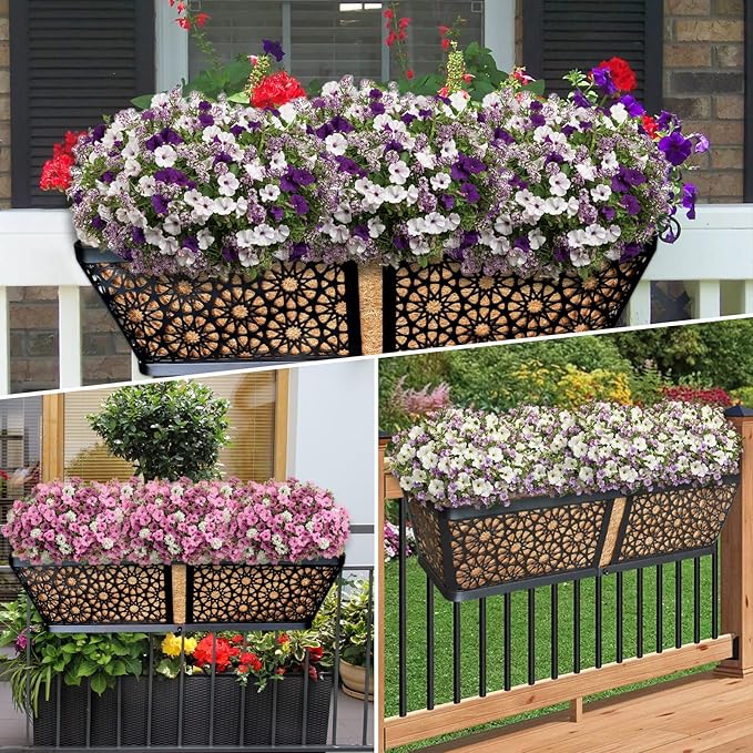 ZeeDix 3 Pack Metal Window Box for Railings, 24 Inch Over Railing Planter Boxes with Coco Liners, Hanging Flower Box Planters for Outdoor Fence Deck Porch Balcony & Patio