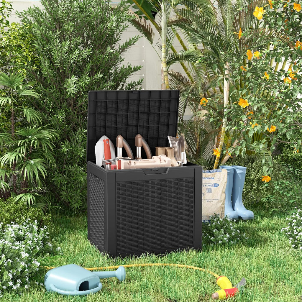 patiozen 30 gallon resin deck box, lockable patio shown in use