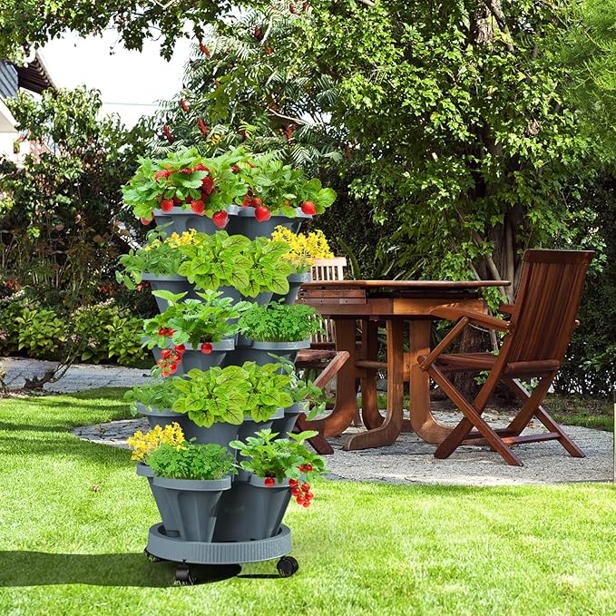 7 Tiered Strawberry Vertical Planter Tower Garden 3 Pack, Stackable Planter Herb Garden Planter with Movable Casters and Bottom Saucer Indoor and Outdoor - Dark Grey