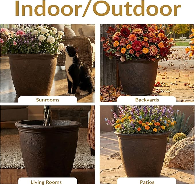 Sunnydaze 20-Inch Anjelica Large Plastic Pot for Plants - Outdoor Double-Walled Large Plastic Planter with Drillable Drainage Holes - Sable - 2pk