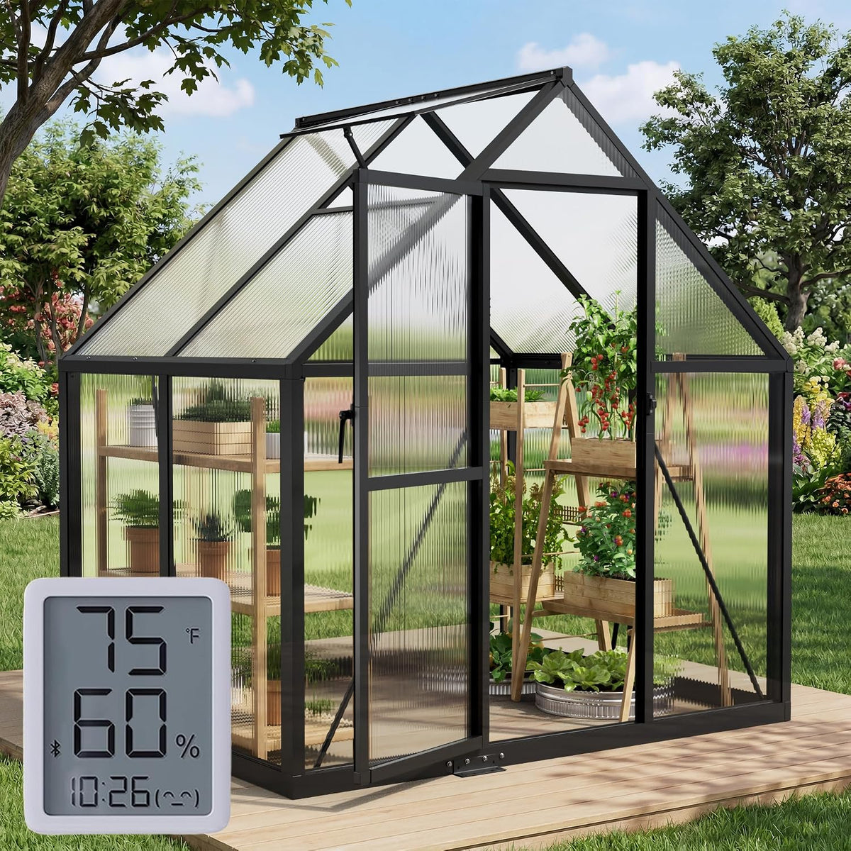 6x4ft greenhouse with hygrometer, windproof warm plant green, main product view