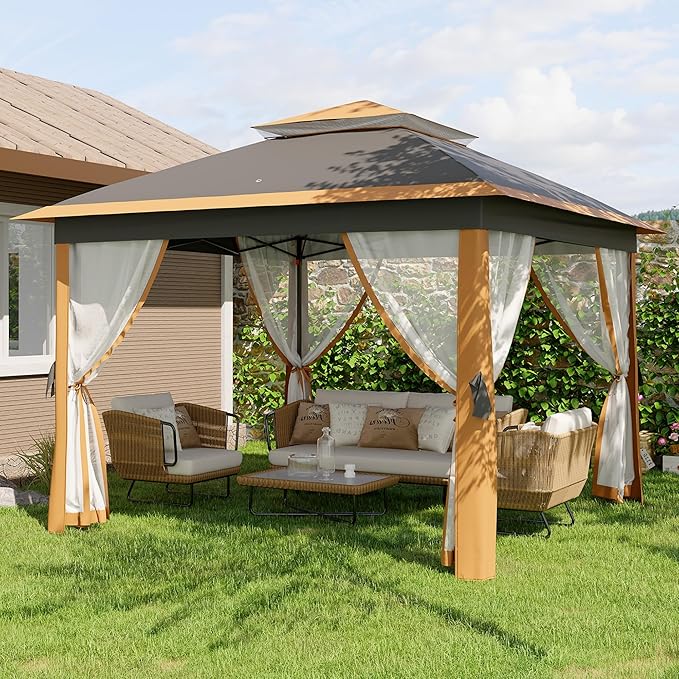 11'x11 Pop-Up Gazebo, Instant Outdoor Canopy Tent with Mosquito Nettings, Durable Steel Frame, Water and UV Proof, for Patio, Garden, Courtyard, Party (Khaki)