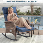 Zero Gravity Patio Rocking Wicker Recliner Chairs Set of 2- Wicker Outdoor Lounge Chair with Adjustable Backrest & Footrest, All Weather Reclining Rocker Chairs with Thick Cushion for Pool Deck Blue