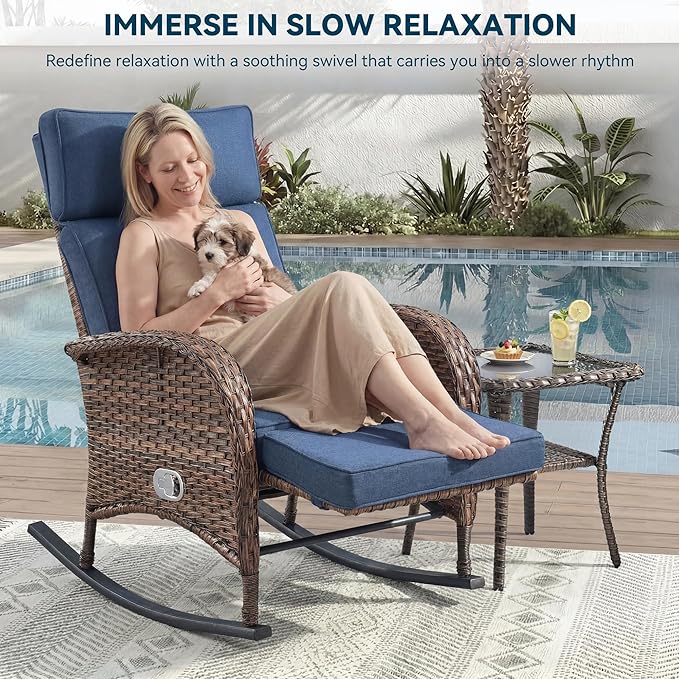 Zero Gravity Patio Rocking Wicker Recliner Chairs Set of 2- Wicker Outdoor Lounge Chair with Adjustable Backrest & Footrest, All Weather Reclining Rocker Chairs with Thick Cushion for Pool Deck Blue