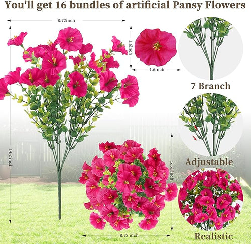 16PCS Artificial Fake Flowers for Outdoors/Indoors, Faux Silk Colorful Morning Glory with Eucalyptus, UV Resistant Realistic Floral Arrangement for Garden Porch Window Box Home Balcony Yard (8 Colors)