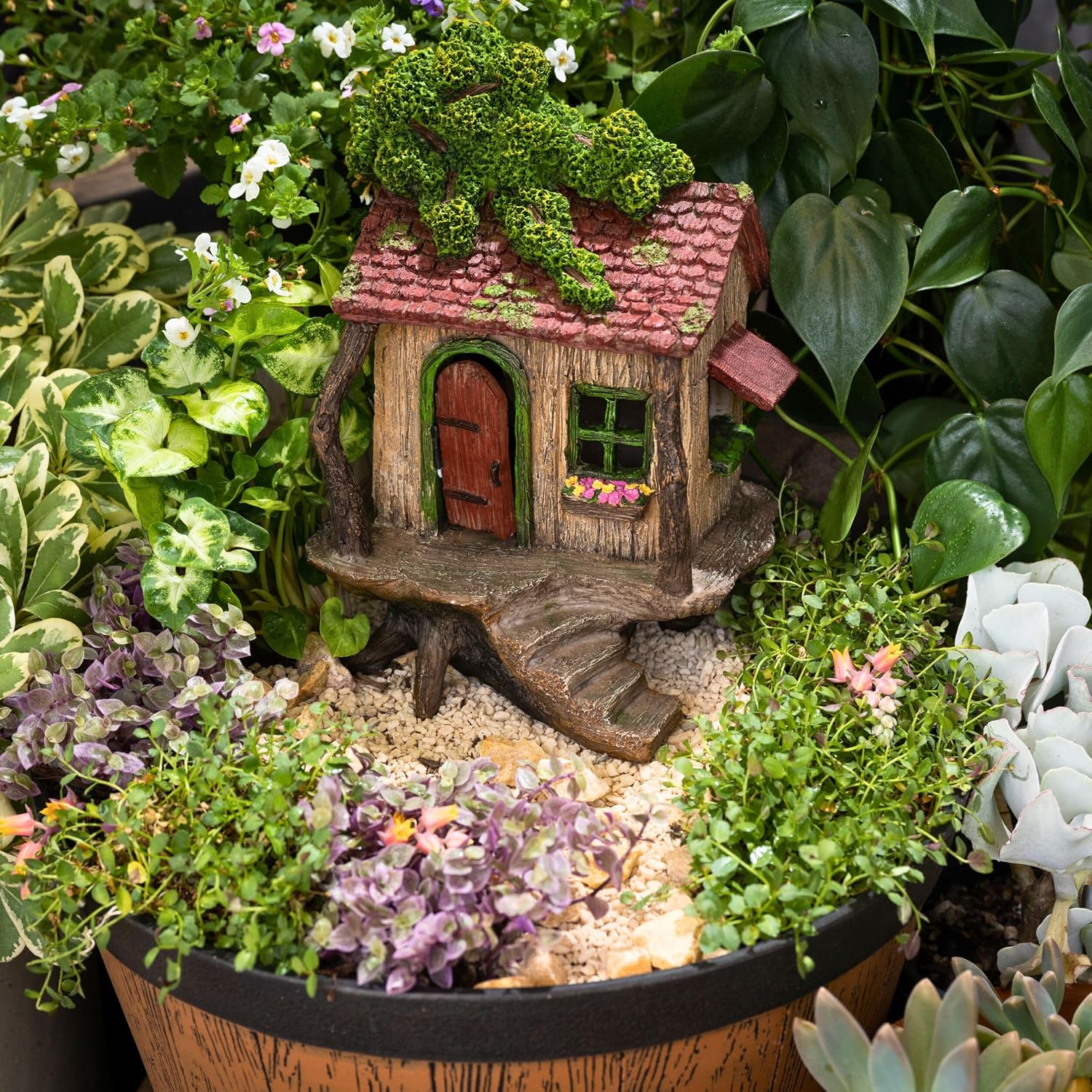 Fairy Garden Treehouse for Outside - Large Fairy House | Hand-painted resin; door opens; water resistant; treehouse stands 9 inches high; outdoor and indoor miniature decor