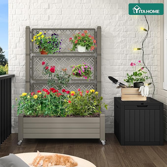 YITAHOME 3.6x1.5x5 FT Planter Box Trellis with Wheels, Large Outdoor Plastic Raised Garden Bed with Drain Plug for Climbing Plants, Light Brown