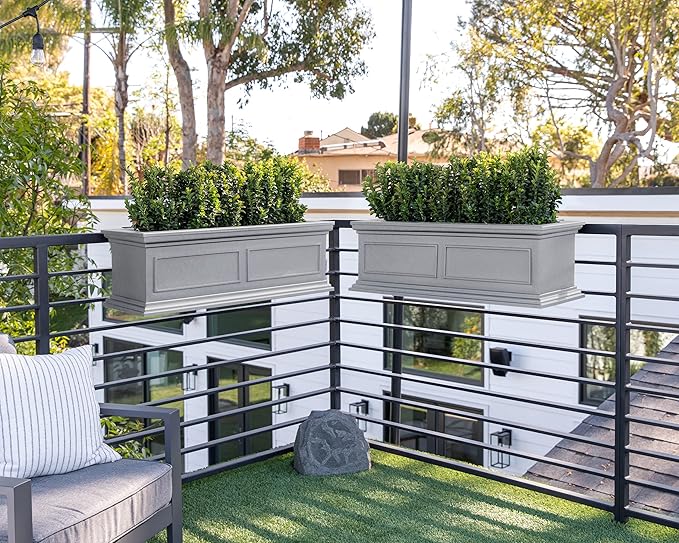Veradek Brixton Series Plastic Railing Planter - Rectangular Planter for Outdoor Deck/Balcony | Crack-Resistant with Adjustable Rail Attachment | Classic Estate Design for Herbs, Succulents, Flowers