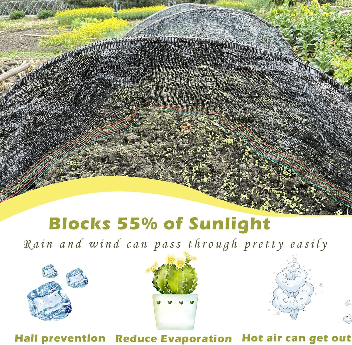 55% shade cloth for garden, black shade net, side view